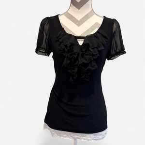 White House Black Market Black Ruffle Front Short Sleeve Blouse